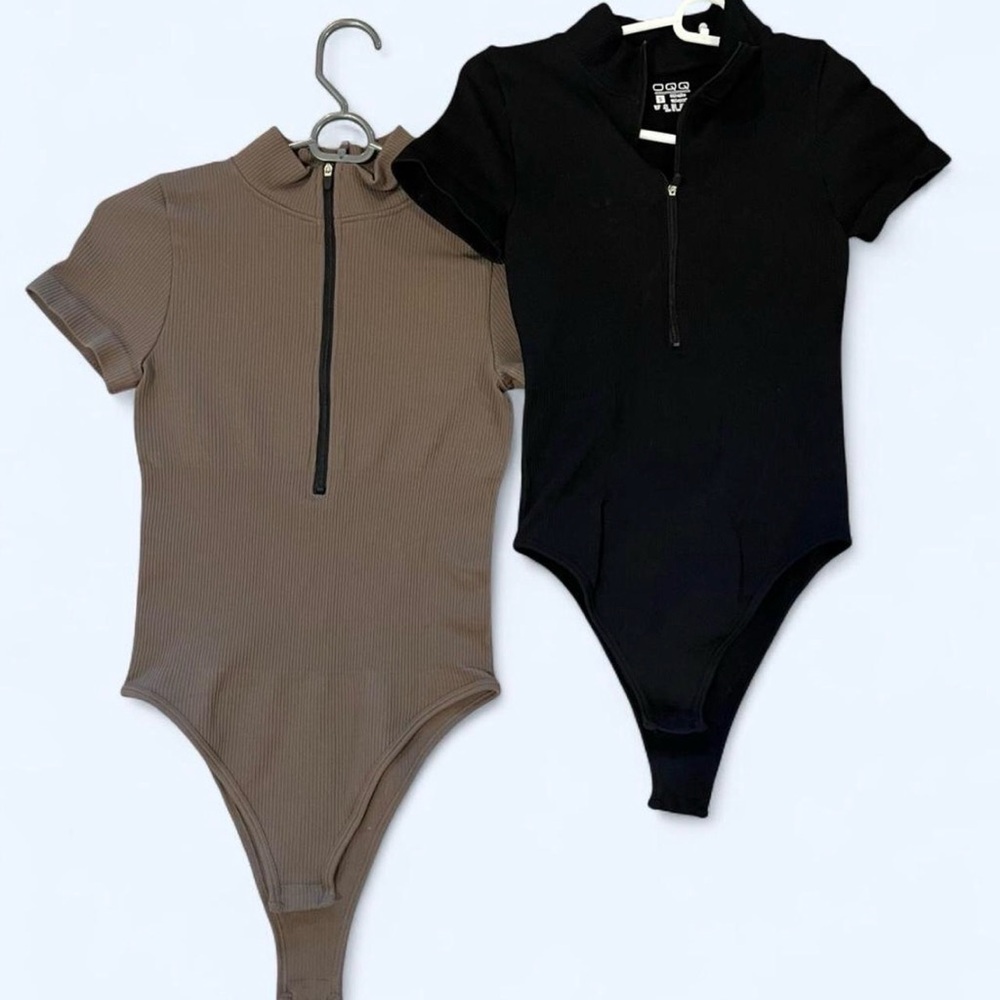 Stylish Black and Light Brown Mock Neck Body Suits with zippers